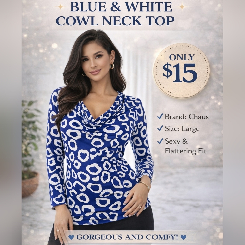 Chaus Women's Blue & White Long Sleeve Cowl Neck Top Size Large